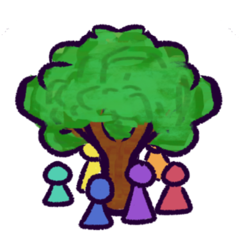  A group of people gathered under a tree. The people are simplified into different colored pawn-like shapes.